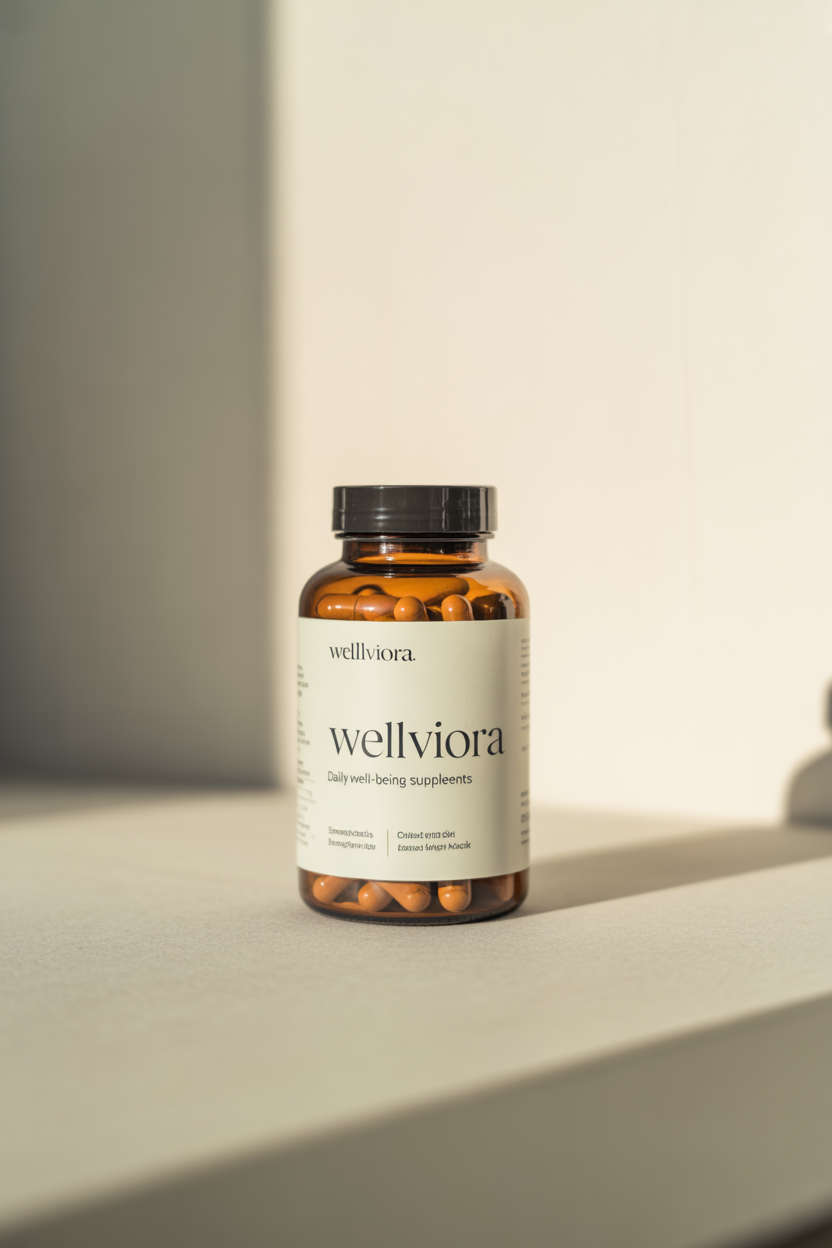 Wellviora daily well-being supplement package with bottle and capsules